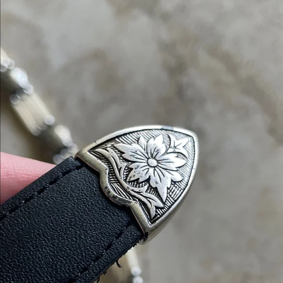 Concho Real leather Western Style Black Cream Belt Silver faux bone festival - Picture 3 of 16